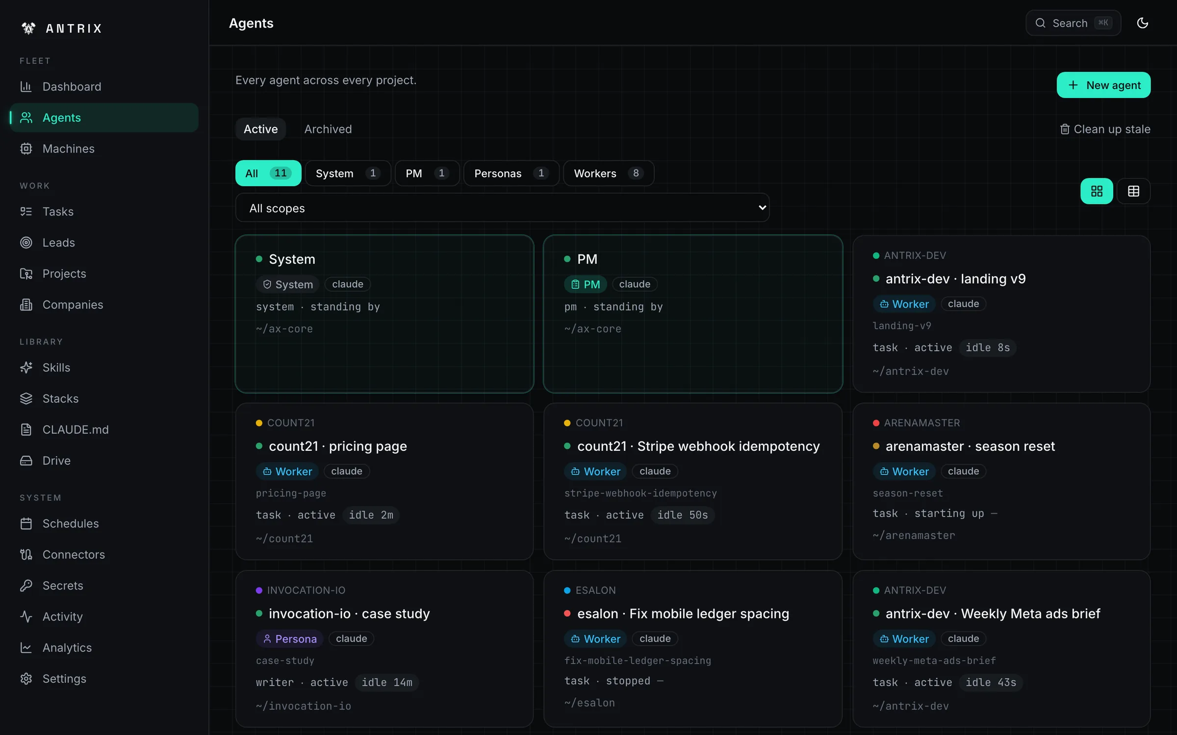 The Antrix OS dashboard: every agent across every project, each with its status.