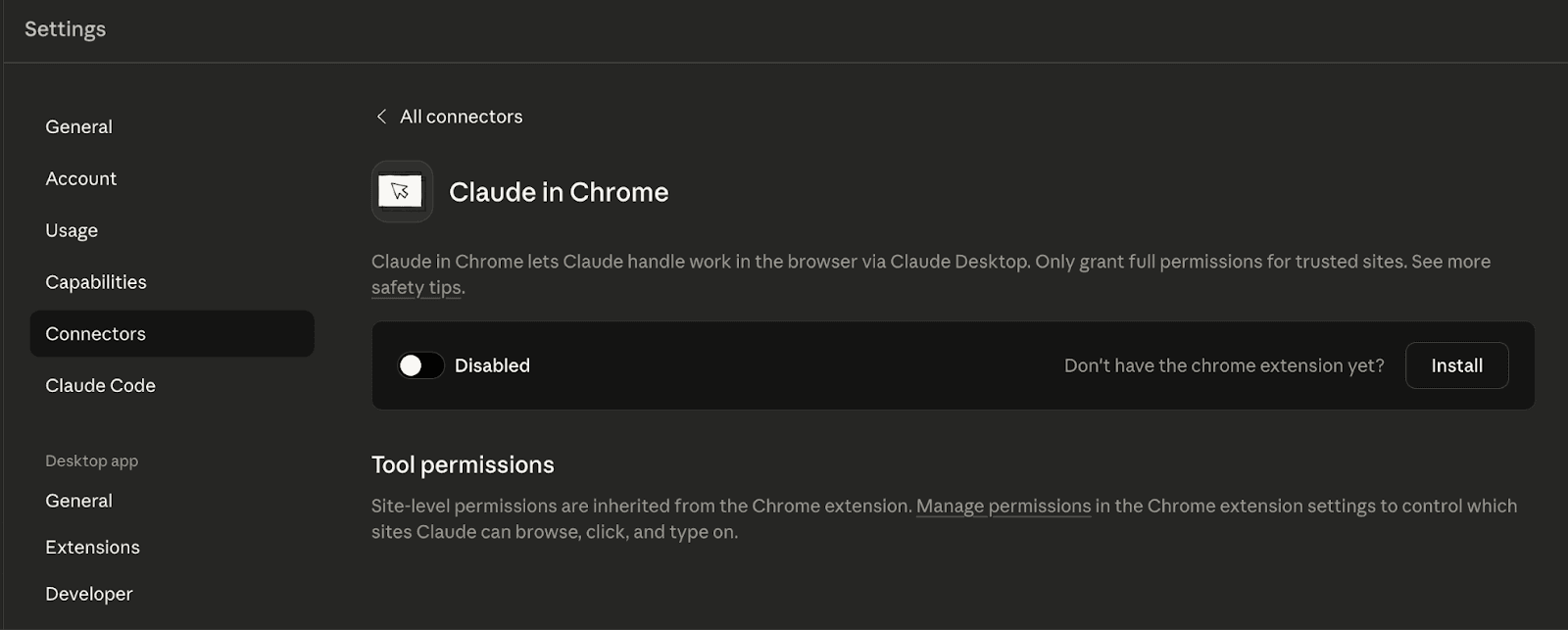 The Claude in Chrome connector inside the desktop app — once paired, your Personal Chrome shows up as a usable connector. (Source: Anthropic Help Center)